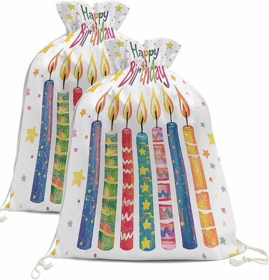 Victoroes Happy Birthday Drawstring Gift Bags 2 Pieces, 11.8" x 15.7" Medium Colorful Star Candles Gift Bag Reusable Fabric Wrap Bags for Wedding Party Birthday Christmas Seasonal Holiday