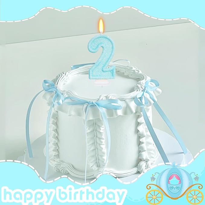 Blue Birthday Candles - Number 2 Candle for 2nd Birthday Decorations for Girl Boys, Sky Blue Cake Decorations Sweet Theme Party Supplies