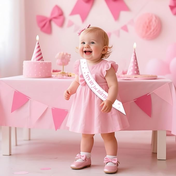 Pink Bow 1st Birthday Party Decoration It's My 1st Birthday Sash for Girl Happy 1 Year Old Birthday Sashes for Baby Girls Daughters Happy 1 Bday Party Favor Supplies Photo Props