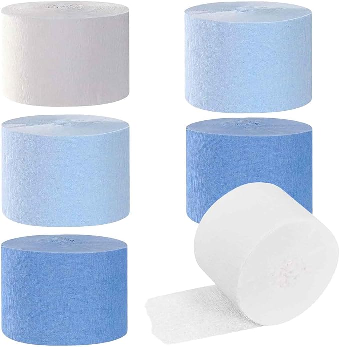 We Moment Dusty Blue Light Blue White Crepe Paper Streamers 1.8 Inch Widening 6 Rolls, 82 Feet per Roll for Birthday, Baby Shower, Wedding Party Decorations