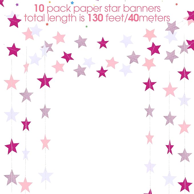 Patelai Glitter Star Garland Banner 2026 Graduation Decor 130 Feet Star Hanging Banner Twinkle Backdrop for Party Birthday Classroom Wedding Supplies(Pink,Rose Red,White)