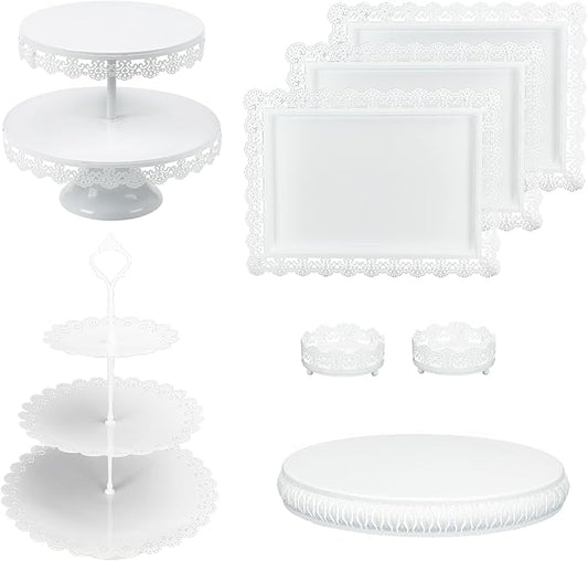 8Pcs Cake Stand Set with 15" Base for Large Cakes, 2-Tier & 3-Tier Dessert Stands, Lace Edge Serving Trays – Elegant Display for Wedding, Birthday, Party Décor (White)