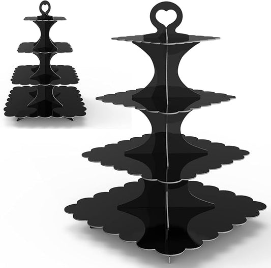 4-Tier Square Black Cupcake Stand, 2-Pack Cardboard Cupcake Tower for 24 Cupcakes, Party Dessert Display Holder (Black)