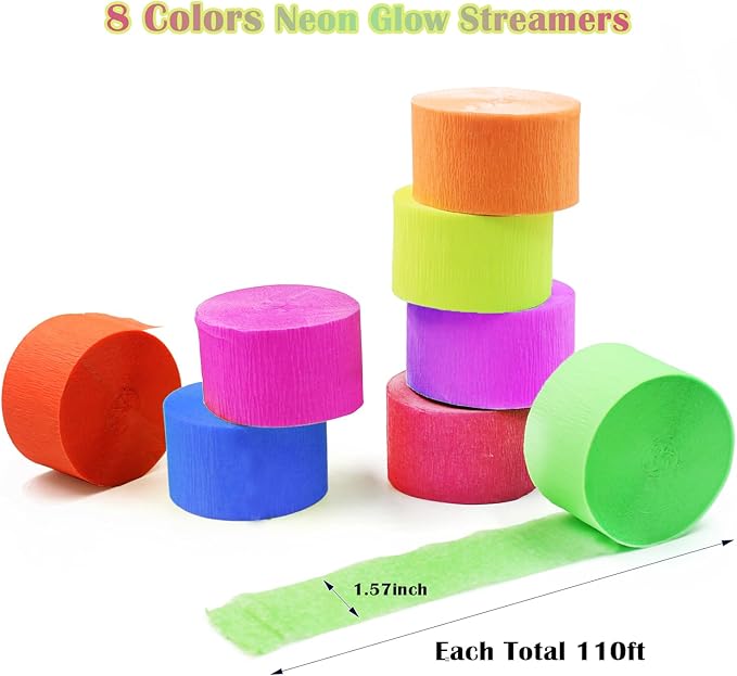 880feet Blacklight Party Streamer Decorations 8 Rolls Glow Crepe Paper UV Reactive Fluorescent Neon Paper Streamers Glow Party Supplies and Decorations for Wedding Birthday Neon Fiesta Party