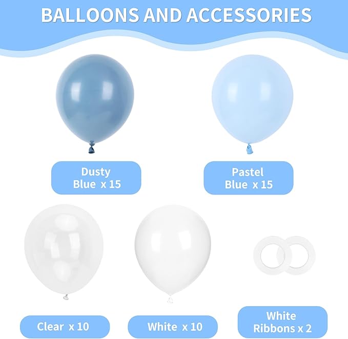RUBFAC Dusty Blue and White Balloons, Party Balloons for Birthday Baby Blue Clear Balloon 12 Inch, Wedding Baby Shower Gender Reveal Decorations, 65pcs
