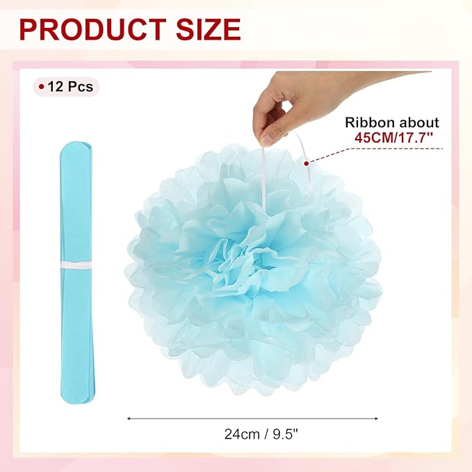 PATIKIL 10inch Tissue Paper Pom Poms, 12PCS Pom Poms Paper Flowers Ball Tissue Paper Flowers for Wedding Bridal Shower Birthday Bachelorette Party Backdrop Decoration, Light Blue