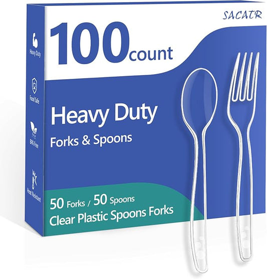 100 Count Plastic Silverware Heavy Duty -50 Forks, 50 Spoons, BPA-Free, Heat Resistant, Disposable Plastic Utensils Set, Plastic Cutlery Set, Plasticware Suitable for Party Everyday Use
