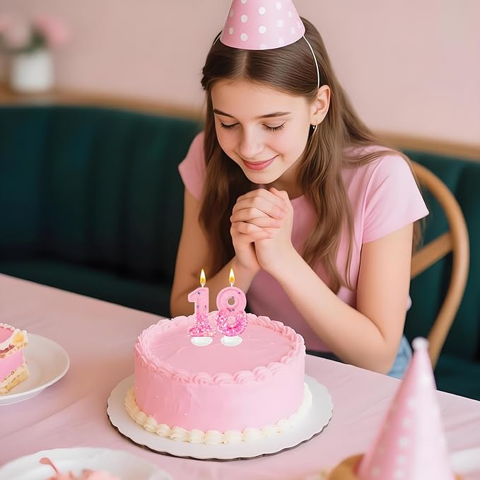 Pink Sequin Birthday Candles, Cake Number Candles, Girls 0th Birthday Decorations, Suitable for Birthday Parties, Anniversary Party Decorations(18)