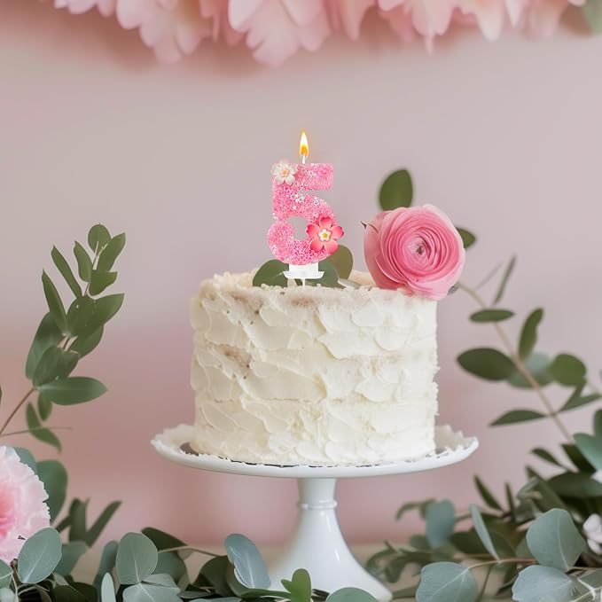 Pink Flower Birthday Candle,Number Birthday Candles for Cake, Ideal Birthday Parties Cake Decor, Wedding Anniversary and Other Celebrations (Number 5, Pink)