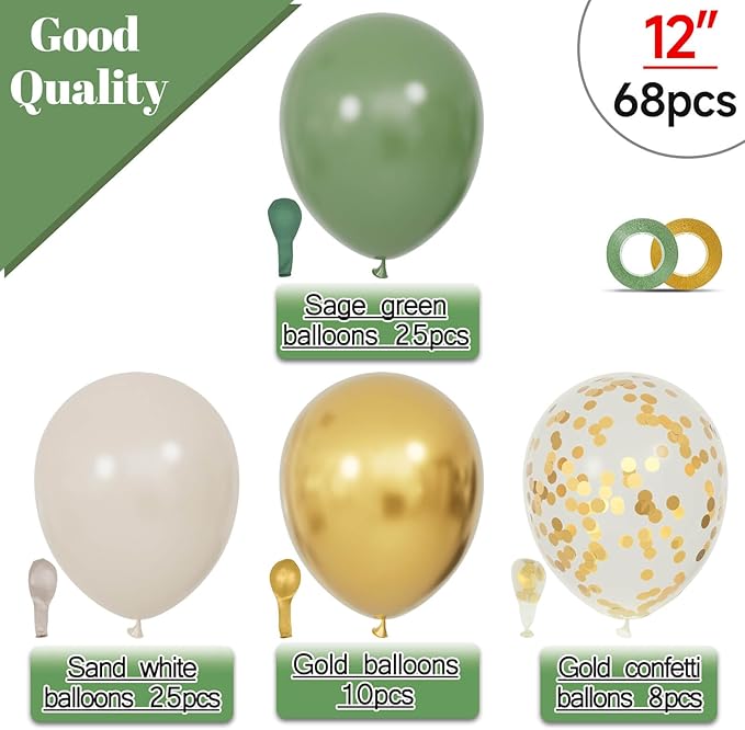 68Pcs Balloons Kit 12 Inch, Sage Green Balloon Sand White Metallic Gold Balloon Confetti with Ribbons, Party Balloons for Baby Bridal Shower Wedding Birthday Decorations.