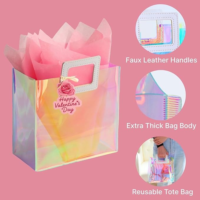 VUOJUR 11'' Medium Valentines Day Gift Bag for Women Girl Reusable Holographic Valentine Bag
