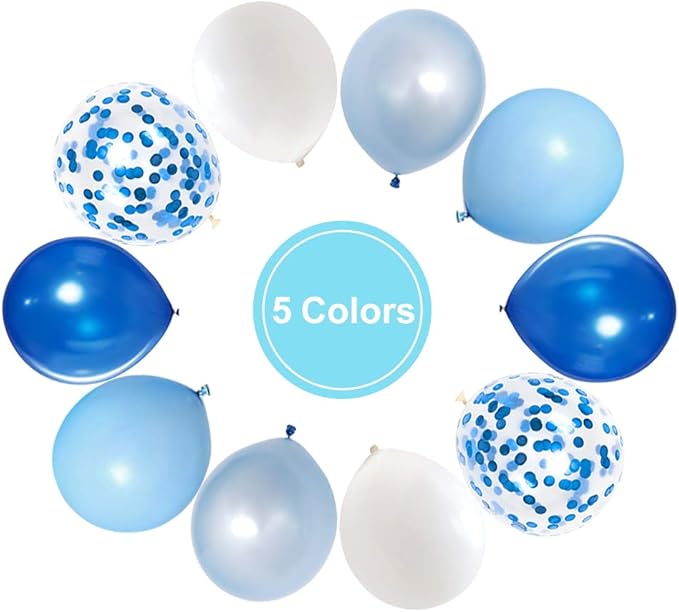 Royal Blue Confetti Latex Balloons, 50pcs 12 inch Light Blue Baby Blue and White Party Balloons for Birthday Wedding Party Decoration