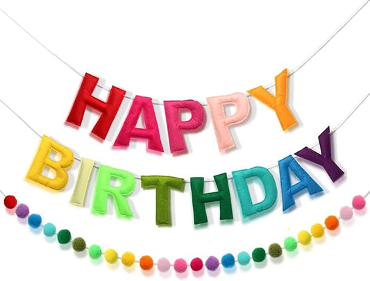Happy Birthday Banner, Rainbow Color Felt Ball Garland Rainbow Decorations Personalized Sign for Birthday Decor Party Decor Photo Prop
