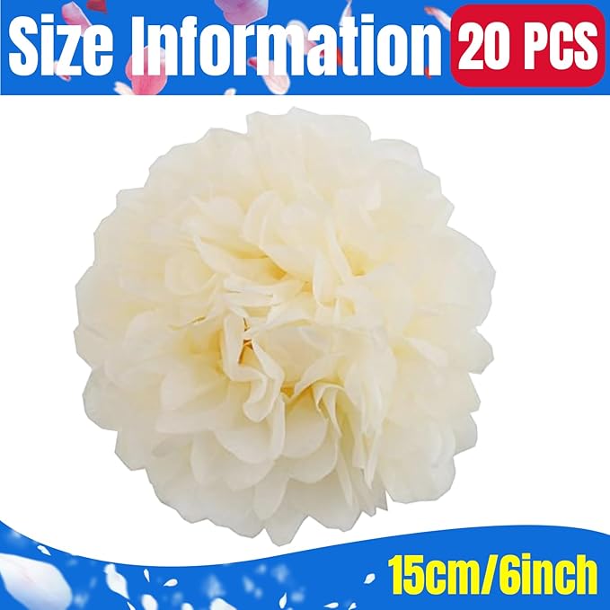 Qimoo 20pcs Beige Paper Pom Poms Decorations, DIY Decorative Tissue Paper Pom-poms Flowers Ball for Party Wedding Outdoor Decoration