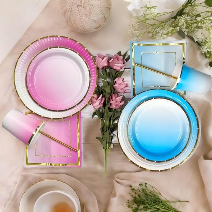 Ottin Gender Reveal Party Decorations 250 Pcs Pink and Blue Party Supplies Paper Plates and Napkins Set for Boy or Girl Birthday Wedding Bridal Shower
