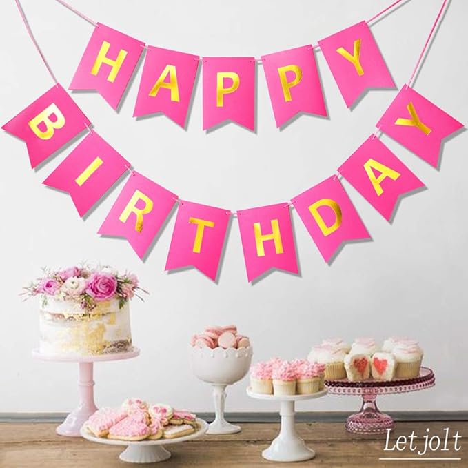 Letjolt Happy Birthday Banner Pure Roseo Party Signs Golden Sparkle Bunting Funny Supplies for Girls Birthday Party Decorations 13 Pieces