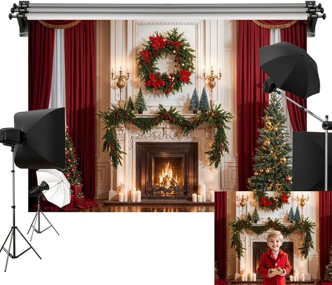 Kate 7x5ft/2.2x1.5m Christmas Backdrop Fireplace Xmas Tree Wreath Interior Decoration Photo Background Photography Studio Props
