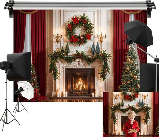 Kate 7x5ft/2.2x1.5m Christmas Backdrop Fireplace Xmas Tree Wreath Interior Decoration Photo Background Photography Studio Props
