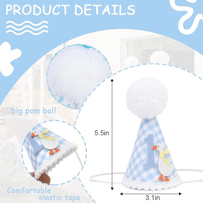 One Funny Goose Birthday Hat - Goose 1st Birthday Decorations, Blue Gingham 1st Bday Party Hat for Boys, One Goosie First Bday Crown