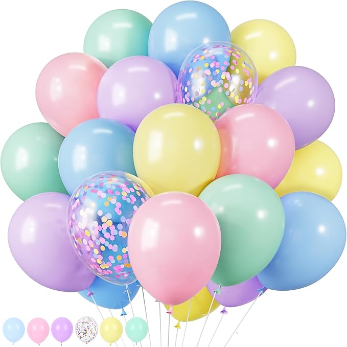 RUBFAC Pastel Balloons Easter Party Balloon, 65pcs 12 Inch Light Rainbow Colorful Latex Confetti Balloons for Easter Birthday Baby Shower Bridal Wedding Party Decoration