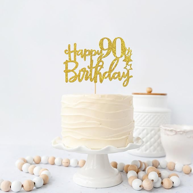 Gold Glitter Happy 90th Birthday Cake Topper - 90 Sign Cake Topper - Cheers to 90 Years Party Supplies - 90th Birthday Party Decoration