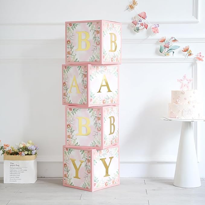 Wildflower Party Decorations Floral Baby Balloon Blocks Boxes with Letters for Girls Baby Shower Birthday Bridal Shower Baby in Bloom Spring Party Decoration