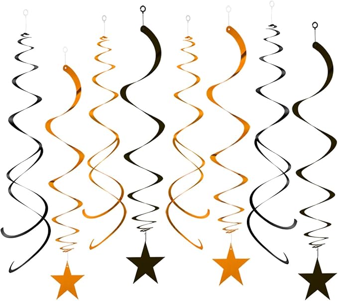 GAKA Black and Orange Foil Hanging Ceiling Swirls Garland,Star Swirl Streamer Decorations for Halloween,Birthday,Anniversary,Graduation Party Supplies(24Pcs)