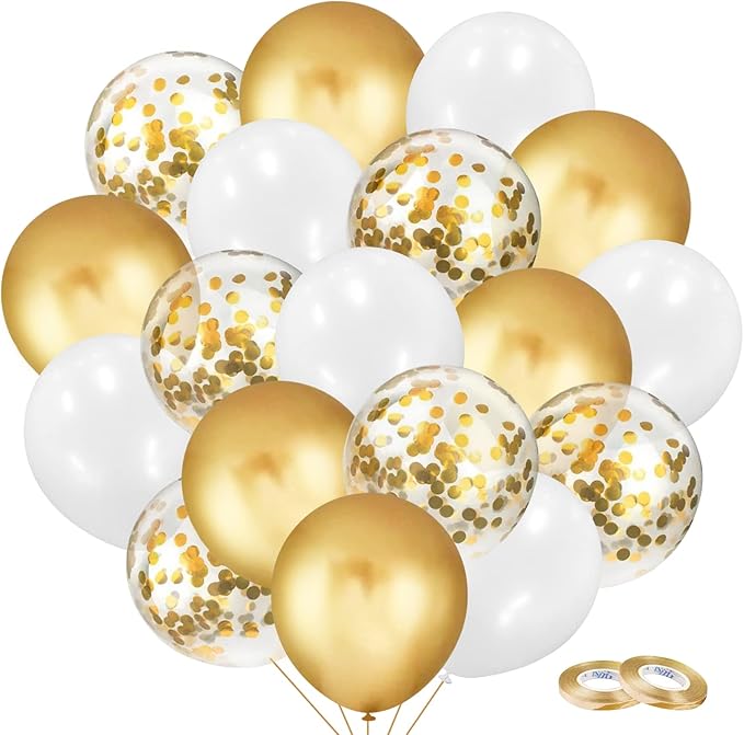 90Pcs White and Gold Balloons Set, 12 Inch Gold and White Balloons, Gold Confetti Latex Balloons for Birthday Anniversary Wedding