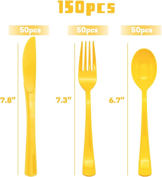 150 Pack Yellow Plastic Silverware, Yellow Utensils Include 50 Plastic Forks 50 Spoons 50 Knives for Birthday Party, Wedding, Picnic