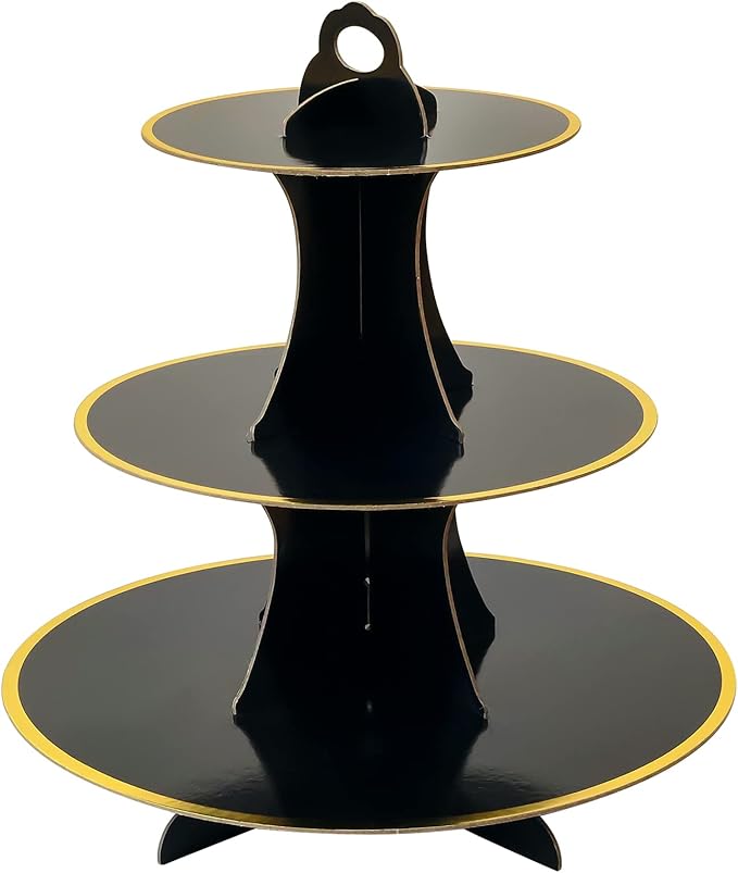 Soleebee 3-Tier Round Cupcake Stand, Cardboard Cupcake Tower, Dessert Cup Cake Stand Tower for Birthday Wedding Party Decoration, Cupcake Tier Stand 1 Set (Black Gold)
