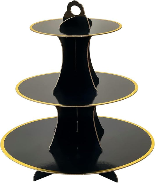 Soleebee 3-Tier Round Cupcake Stand, Cardboard Cupcake Tower, Dessert Cup Cake Stand Tower for Birthday Wedding Party Decoration, Cupcake Tier Stand 1 Set (Black Gold)