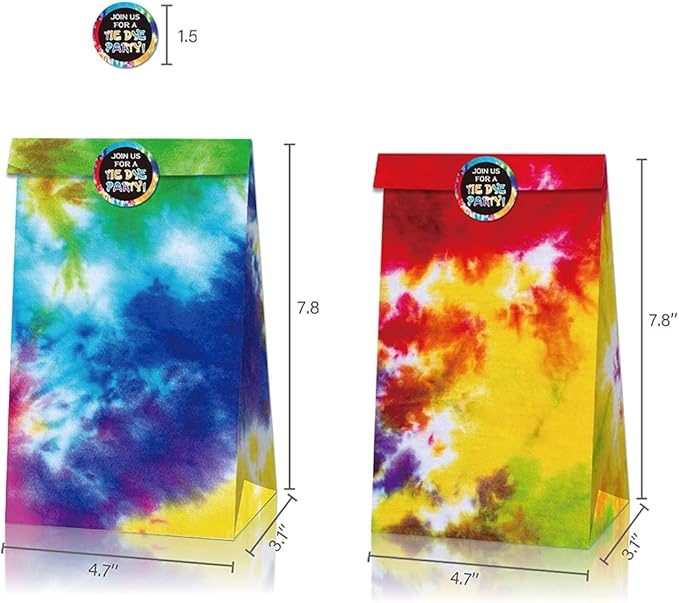 AICHENGZI Tie Dye Gift Treat Bags Bags Tie Dye Party Goodie Paper Bags Candy Bags with Stickers Colorful Party Paper Bags (12PCS)
