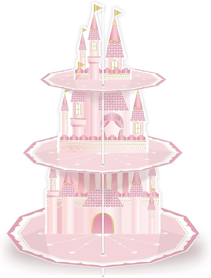KALEFO Princess Party Supplies 3 Tier Cupcake Stand Birthday Decorations Pink Castle Cake Treat Table Decor(Princess)