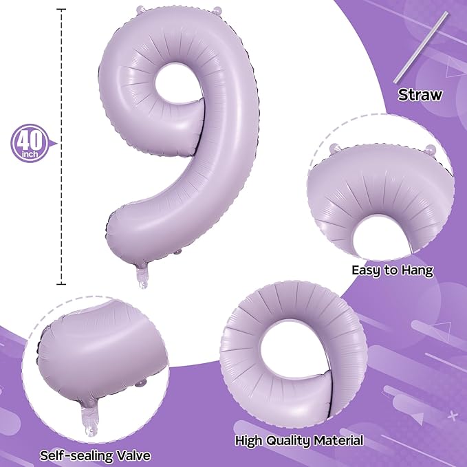 Dusty Pastel Purple Number 9 Balloons, 40 Inch Large Light Purple Foil Number Balloons Set 0-9 for Girls, Globos de Numero 9 Helium Balloon for 9th Age Birthday Anniversary Party Decorations Supplies