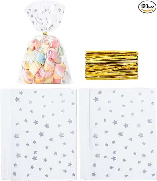 Aegero 120 Pack Star Printed 5"X 7" Gift Wrap Cello Cellophane Treat Bags,Gift Candy Goodies Bags with 140 Pcs Twists for Valentine,Birthday,Bakery,Wedding,Gift Cookie Snack Packing,Party Favor Supplies(Silver Star)