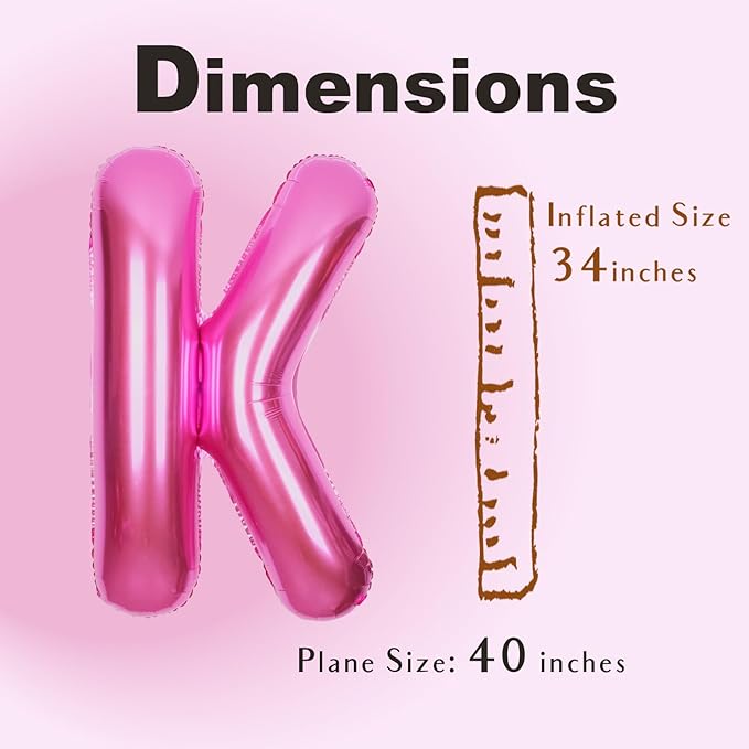 SUWEN 40 Inch Hot Pink Large K Letter Balloons Big Foil Helium Letter Balloons A-Z Jumbo Mylar Happy Birthday Party Decorations for Woman Anniversary Party Supplies