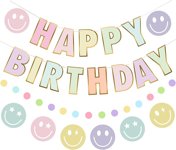 Pre-Strung Happy Birthday Banner, NO DIY Birthday Decorations with Circle Dot Garland and Preppies, Happy Birthday Party Decorations for Women Men Girls Boys (Pastel)