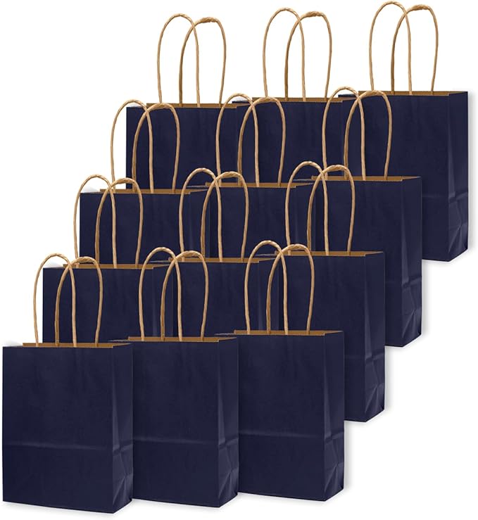 qiqee 24 Pcs Navy Blue Mini Paper Gift Bags with Handles 6"x4.5"x2.5" Small Brown Kraft Party Favor Treat Bags Multiple Uses (Mini size)