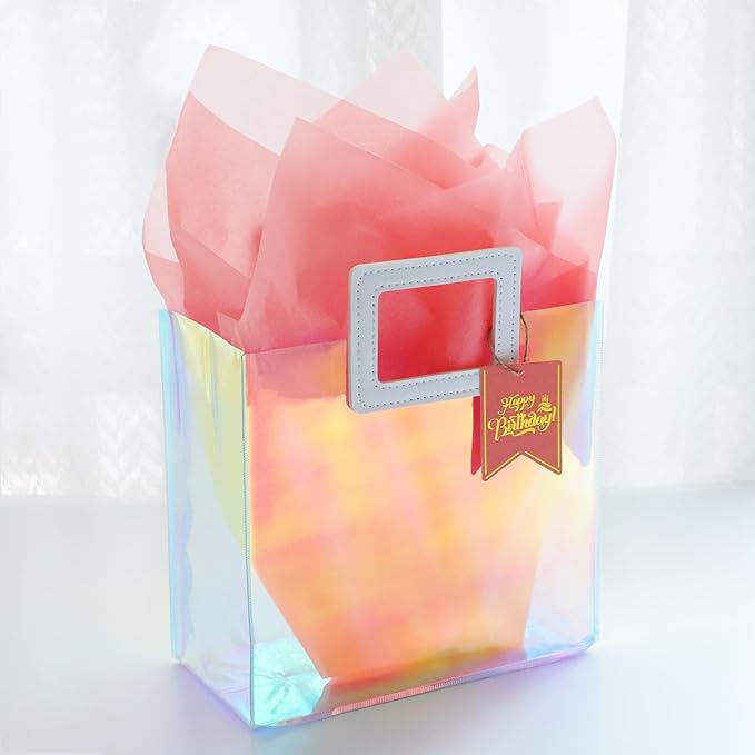 8.3'' Holographic Small Birthday Gift Bag with Tissue Paper and Happy Birthday Gift Tag for Women Girls Mothers (S- Glossy Coral)