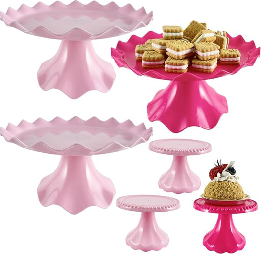 Plastic Dessert Table Display Set of 6, 3 Pcs 9 inch cake Stand, 3 Pcs 4 inch Mnini Cupcake Holder, cupcake tray, Versatile Design for Birthday, Tea Party, Wedding. (pink)