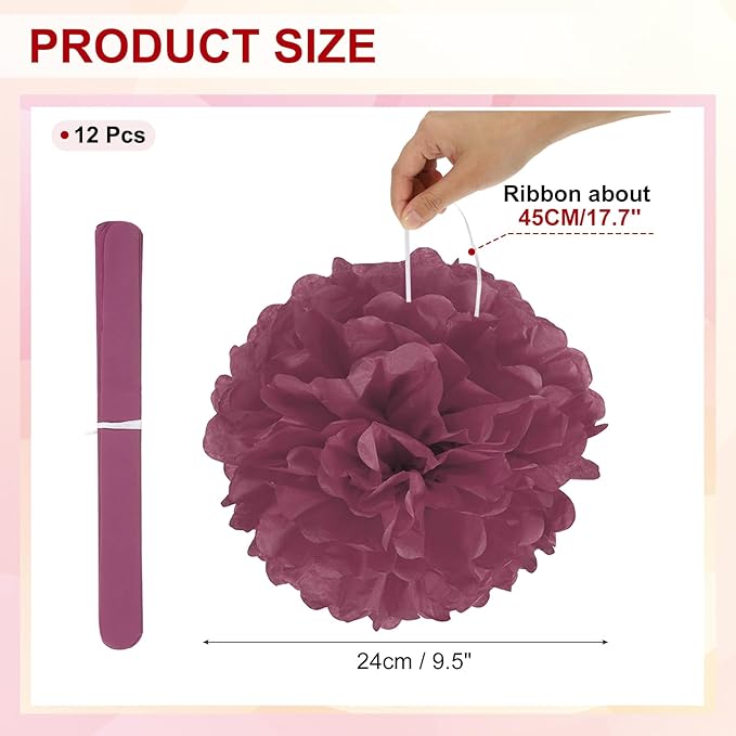 PATIKIL 10inch Tissue Paper Pom Poms, 12PCS Pom Poms Paper Flowers Ball Tissue Paper Flowers for Wedding Bridal Shower Birthday Bachelorette Party Backdrop Decoration, Wine Red