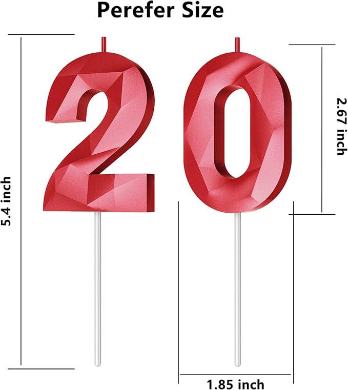 Number Birthday Candles(20 Candle Red) 3D Diamond Shape Number Happy Birthday Cake Candles for Birthday Party Wedding Decoration Reunions Theme Party