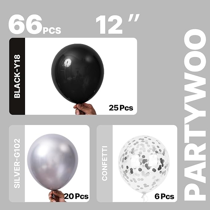 PartyWoo Black and Silver Balloons 66pcs 12 Inch Matte Black Metallic Chrome Silver Confetti Balloons for Graduation Baby Shower Men Birthday Wedding Anniversary New Year's Eve Party Decorations