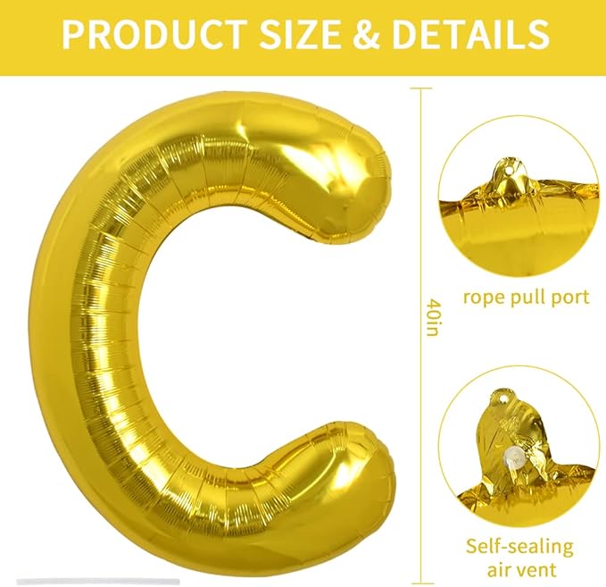 TONIFUL 40 Inch Large Gold Letter C Balloons, Foil Mylar Big Balloons for 2026 New Year Eve Graduation Wedding Baby Shower Birthday Party Anniversary Supplies Decorations