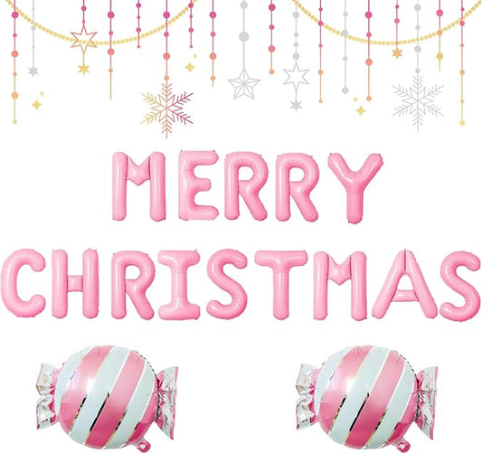 Merry Christmas Balloons Banner, Pink Christmas Balloons for New Year Eve Holiday Festival Birthday Party Decorations (Pink)