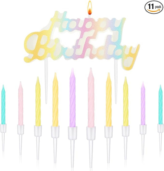 MTLEE Happy Birthday Candles Letter Cake Topper with 10 Pcs 2.95 Inch Short Thin Spiral Candles for Cake Topper Birthday Decoration Party Supplies(Macaron Color)