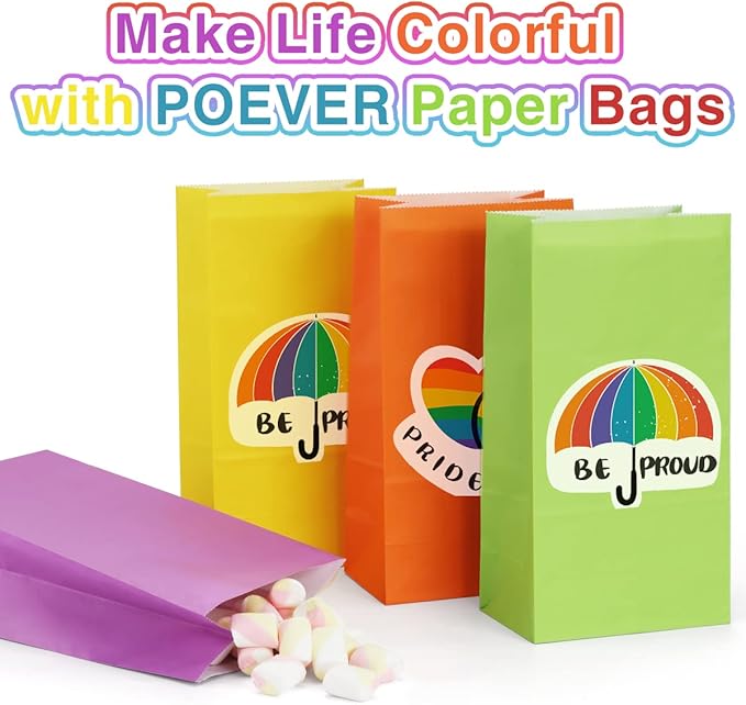 Poever 30 Pcs Party Favor Bags - 6 Colors Small Gift Bags 5x2.95x9.45 Colorful Treat Rainbow Kraft Paper for Birthday Party Wedding Craft Activities