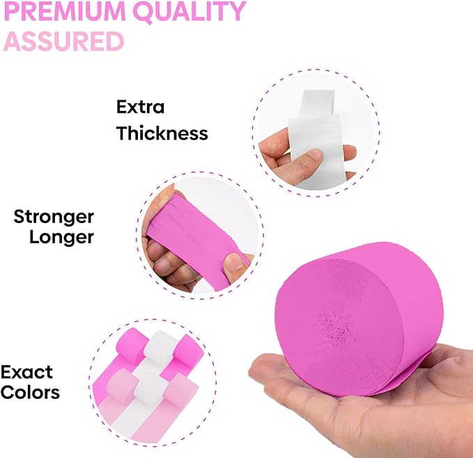 6 Crepe Paper Streamer Rolls, 492ft Pack of 6 Pink & White Streamers for Party Decorations, Birthday & Wedding Decoration (1.8 inch x 82 ft/Roll)