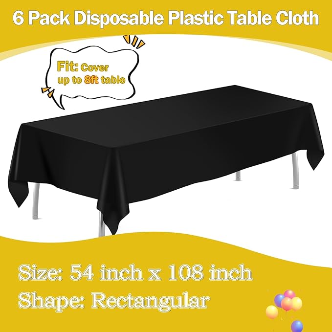 tujol Black 6 Pack Plastic Table Cloth 54" x 108", Disposable Tablecloths Rectangle Table Cover, Plastic Tablecloths for Parties