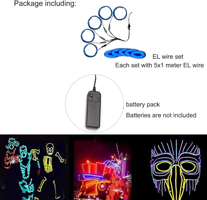 Neon Light 5-in-1 Meter Wire，Portable Battery Pack with Decorative Wire，Suitable for Birthday Parties， Thanksgiving and Other Occasions (Blue)